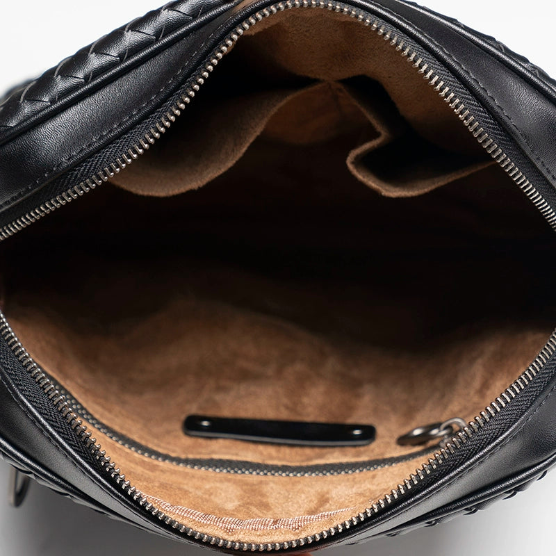 X&BV单肩包男真皮休闲时尚潮男小背包商务黑色编织平板男包斜挎包