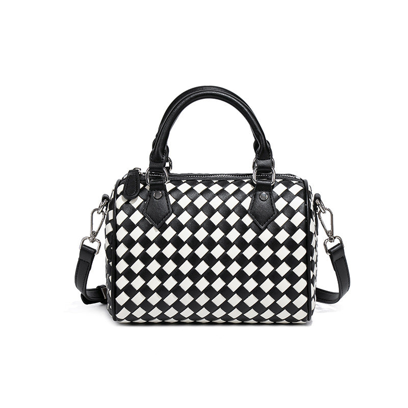 外贸新品棋盘格手提波士顿枕头包时尚手工编织女包休闲单肩斜跨包