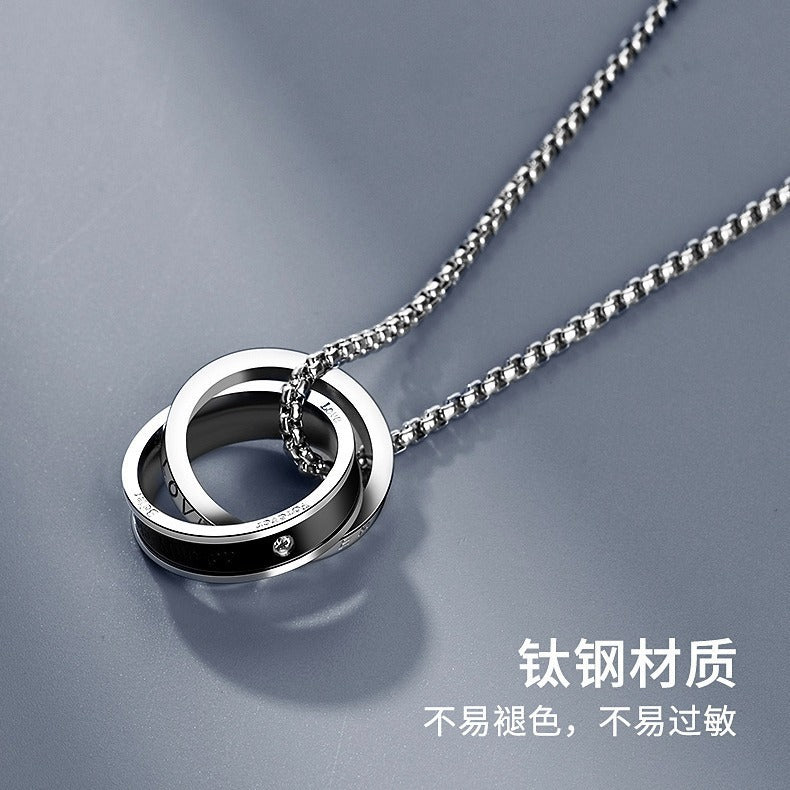 时尚新款不锈钢双环项链男士饰品环环相扣滴镶钻项链钛钢毛衣链批