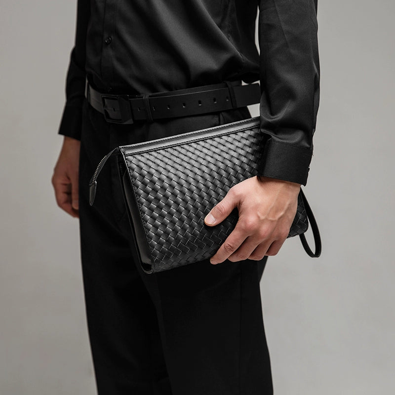 X&BV手拿包男真皮大容量商务休闲牛皮编织信封男包洗漱包男士手包