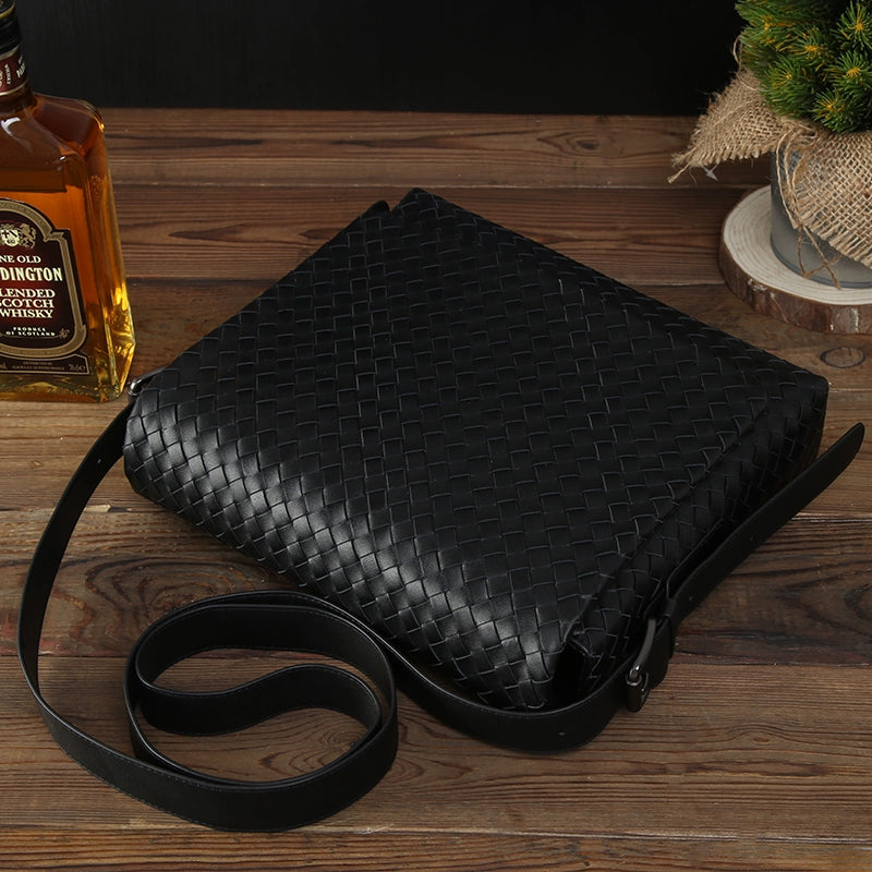 男士单肩包真皮斜挎包男头层牛皮编织男包欧美时尚休闲青年小挎包