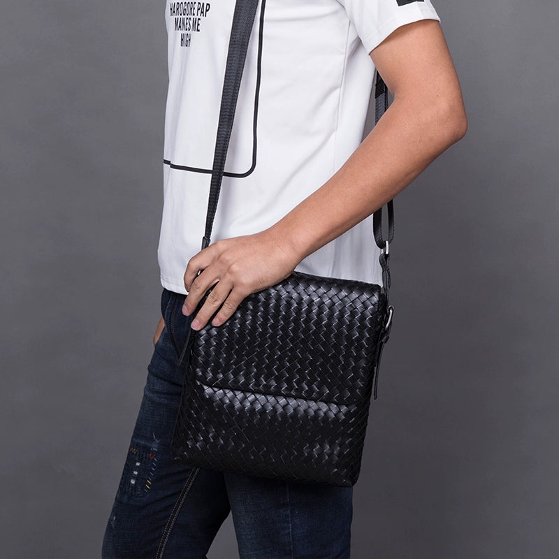 男士单肩包真皮斜挎包男头层牛皮编织男包欧美时尚休闲青年小挎包