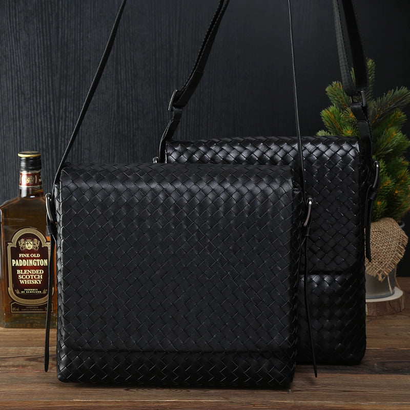 男士单肩包真皮斜挎包男头层牛皮编织男包欧美时尚休闲青年小挎包